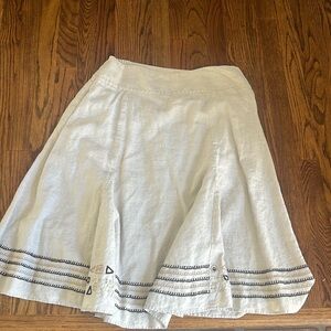 Chico's Cream Linen Midi Skirt with Black Hem Embroidery
